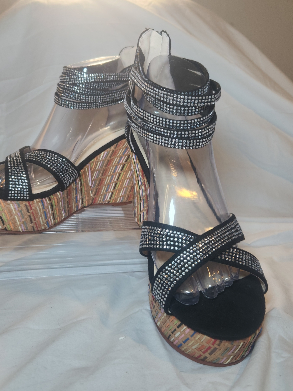 Black Rhinestone Ankle-Strap Wedge Sandals 9